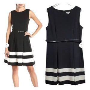 CALVIN KLEIN WOMENS BLACk/WHITE FIT AND FLARE ZIP CLOSW KNEE LENGHT DRESS SIZE 8